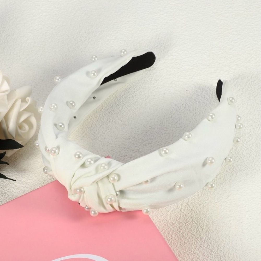 NWOT Satin Faux Pearl Sewed Knotted Headband Chic Ivory White Almond Cream